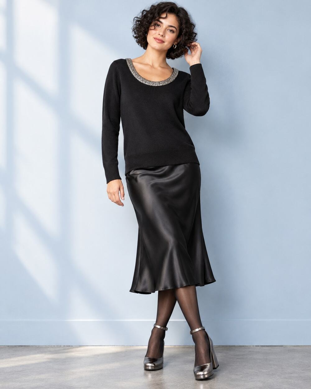 Laura Scott Black Beaded Neckline Sweater Size M Holiday Party